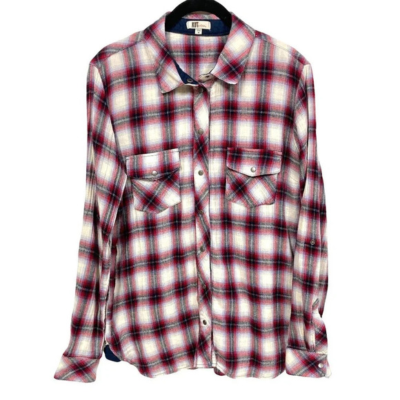 Kut from the Kloth Plaid Metal Snap Shirt, Size‎ Medium, Roll-Tab, Long Sleeve - Picture 1 of 13